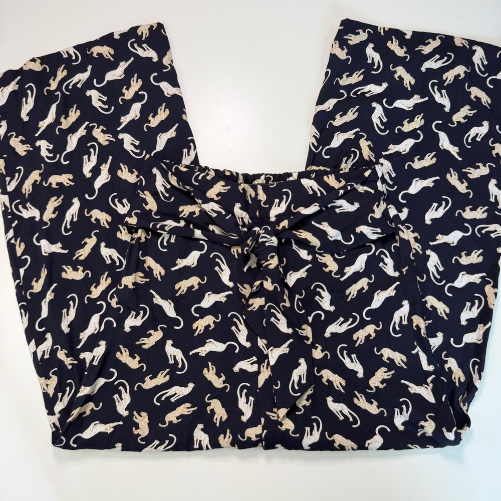 Ann Taylor Womens XS Navy Cheetah Print Wide Leg Tie Waist Pants SP21 560900